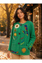 Spring Flower Green Color Special Design Hand Knitted Bohemian Jacket with Floral Applique and Pocket Detail - 5