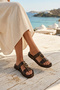 Brown Leather Women's Flat Slippers - 2