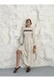 Women's Beige Floral Embroidered Belted Long Sleeve Linen Dress - 5