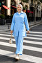 Women's Buttoned Belted Strawberry Fabric Tunic Trousers Blue Double Set - 2