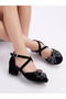 Black Tulle Stone Bow Cross Suede Cross Girls' Heeled Shoes - 3