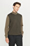 Men's Khaki-Black 100% Cotton Standard Fit Regular Cut Half Turtleneck Jacquard Knitwear Sweater - 3