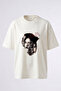 Striped Portrait Design Back Printed Cotton White Oversize T-Shirt