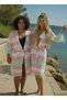 Peshtemal Bathrobe - Cotton - Hooded - Pink Color with Green Stripes - 2