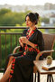 Black Red Floral Detailed Long Satin Women's Kimono - 6