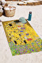 Golden Yellow Beach Towel with Artistic Figures - Modern Floral Portrait Quick-Dry Microfiber Towel