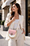 Beige Powder Women's Round Buckle Cross Strap Shoulder Bag Daily Stylish Use Saddle Model