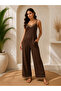 Women's Ethnic Stripe Pattern Detailed V-Neck Strappy Long Crepe Jumpsuit with Pockets - 3