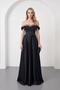 Women's Black Boat Neck Stoned Long Promise Engagement Wedding Evening Dress