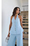 Women's Backless Linen Button Detailed Halter Neck Suit - 7