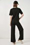 Women's Round Neck Dotted Pattern Black Two-Piece Set - 4