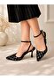 Black Satin Polka Dot Pointed Heeled Shoes