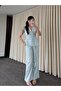 Blue 100% Cotton Shoulder-Waist Drawstring Blouse and Trousers Set - Y286120