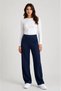 Women's Navy Blue High Waist Striped Pocketed Stretchy Wide Leg Palazzo Trousers - 2