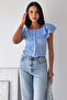 Women's Gingham Patterned Madonna Collar Crop Blouse with Ruffle Detail and Buttons - 6