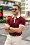 Men's Collar and Sleeve Detailed Zipper Collar Stripe Pattern Short Sleeve Knitwear T-Shirt - 2