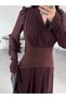 Brown Women's Pleated Long Chiffon Dress with Waist Corset - 6