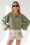 Women's Khaki Boat Neck Tassel Detailed Crinkle Blouse Blz-19003414 - 2
