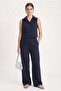 Women's Alfie Zero Sleeve Shirt Elastic Waist Pants Woven Navy Blue Bottom Top Set