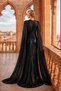 Evening Dress with Cape Sleeves and Stone Embellishments at the Waist - 4