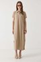 Women's Polo Collar Long Dress with Mini Slits on the Sides Mink