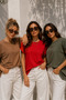 Women's 3-Pack Brown-Red-Khaki Cotton Double Sleeve Detailed Comfortable Fit T-Shirt - 2