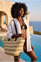 Women's Knitted Stripe Patterned Straw Bag Beige