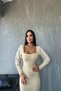 Women's Square Collar Sleeves with Cuff and Lace Detail, Opportunity Product, Midi Length Dress - 5