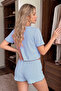 Baby Blue Short Sleeve V-Neck Pajama Set with Piping Detail - 4