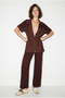 Women's Bitter Brown Modal Fabric Stand Collar Cardigan with Stopper Detail Wide Leg Pants Set 2664 60286402 - 2