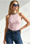 Women's Pink Halter Neck Chain Decorated Fitted Stretchy Ribbed Blouse Blz-19003420 - 2