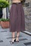 Women's Patterned Voile Lined High Waist Leather Belted Side Pocket Pleated Midi Skirt - Brown Polka Dot - 5