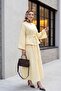 Single Button Belted Skirt with Pockets Embossed Patterned Jacquard Suit - Yellow - 4