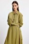Wicker accessory detailed blouse and pleated skirt linen set olive - 3