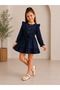 Girl's Navy Blue Dress with Ruffle Detail on the Shoulders and Front Button Detail - 6