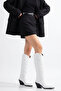 White Matte Leather Metal Toe Cap Below the Knee Embroidered Western Cowboy Boots - 6