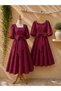 Burgundy Big Bow Flared Square Neck Poplin Dress - 2