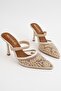 Pearly Pointed Toe Bead Embroidered Mesh Detailed Elastic Thin Heeled Women's Slippers