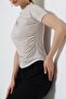 Sandy Fabric Degaje Collar Draped Short Sleeve Women's Blouse - 7