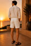 Men's White Linen Textured Shorts with Pockets - Breathable Fabric - 6