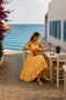 Yellow Gingham Skirt with Ruffle Detail at the Hem, Square Neckline, Mid-Length Dress - 7