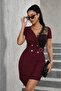 Women's Double-Breasted Collared Short Imported Crepe Dress with Waist Buckle