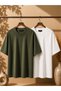 2-Pack Unisex Khaki-White Oversize T-Shirt Set - Crew Neck Basic T-Shirt