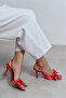 Polka Dot Satin Patterned Women's Pointed Toe Heeled Shoes with Bow Detail