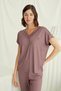 Luxury Pajama Set with Guipure on the Collar, Earth Tone Short-Sleeved Pajama Set, Women's Comfortable Pajama Set with Pants - 3
