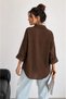 Women's Brown Cotton Oversize Fakir Long Sleeve Shirt Wide Loose Blouse with Belted Waist and Buttons - 3