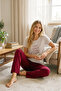 Striped Slogan Printed Short Sleeve Six Long Women's Pajama Set Claret Red - 4
