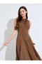 Brown Tie-Up Neck A-Line Maxi Dress - 2