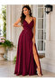 Davet Elegance-Women's Strappy Double-Breasted Collar Waist-Fitted Long Crepe Evening Dress - 2
