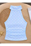 Baby Blue Polka Dot Halter Neck Gathered Draped Stylish Cropped Blouse - 2